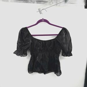 Thirty Thirty Shirt Top Size M Black Midi Ruffle Puff Sleeve Goth Wimsy‎ Square